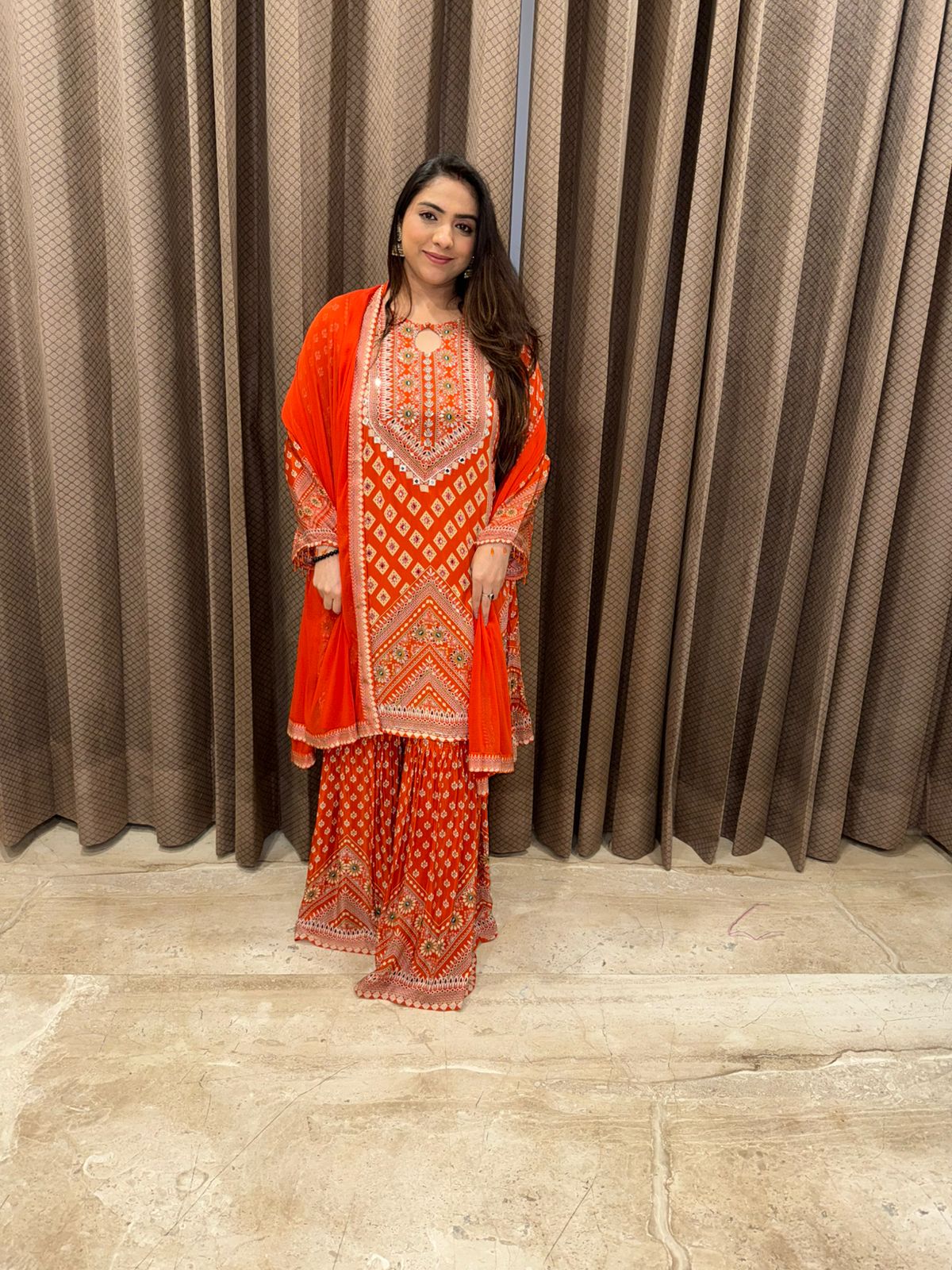 Rust digital print Garara Set with Handwork & Dupatta