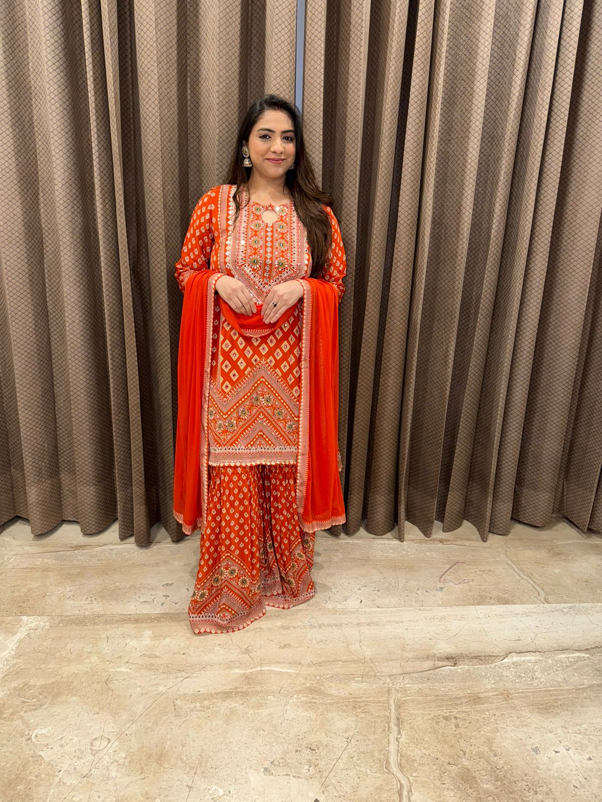 Rust digital print Garara Set with Handwork & Dupatta