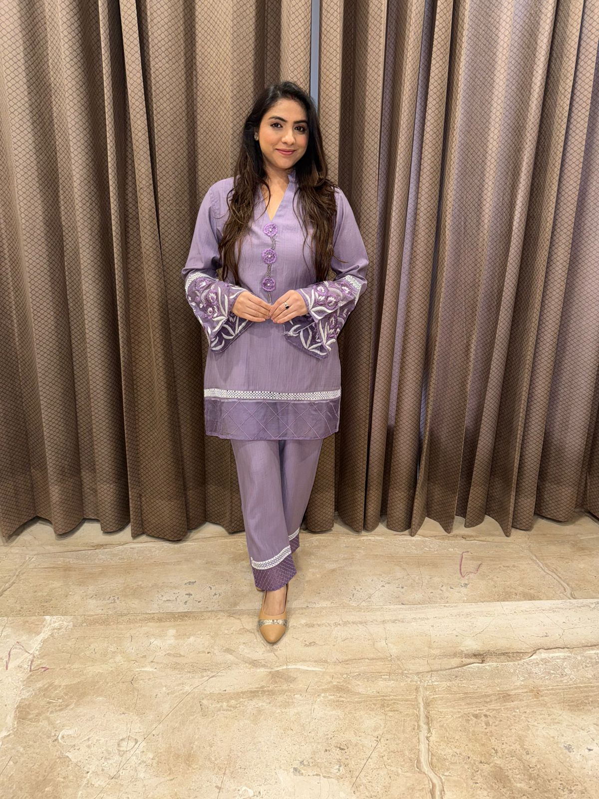Lilac Co-Ord Set with Floral Sleeve Detailing