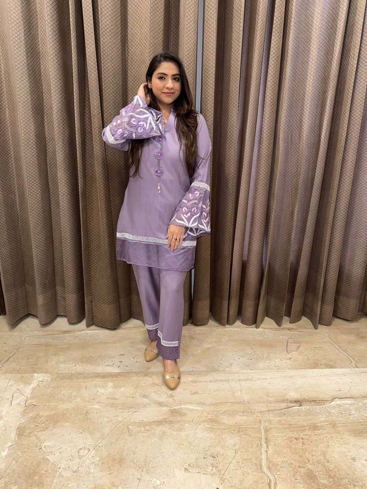 Lilac Co-Ord Set with Floral Sleeve Detailing