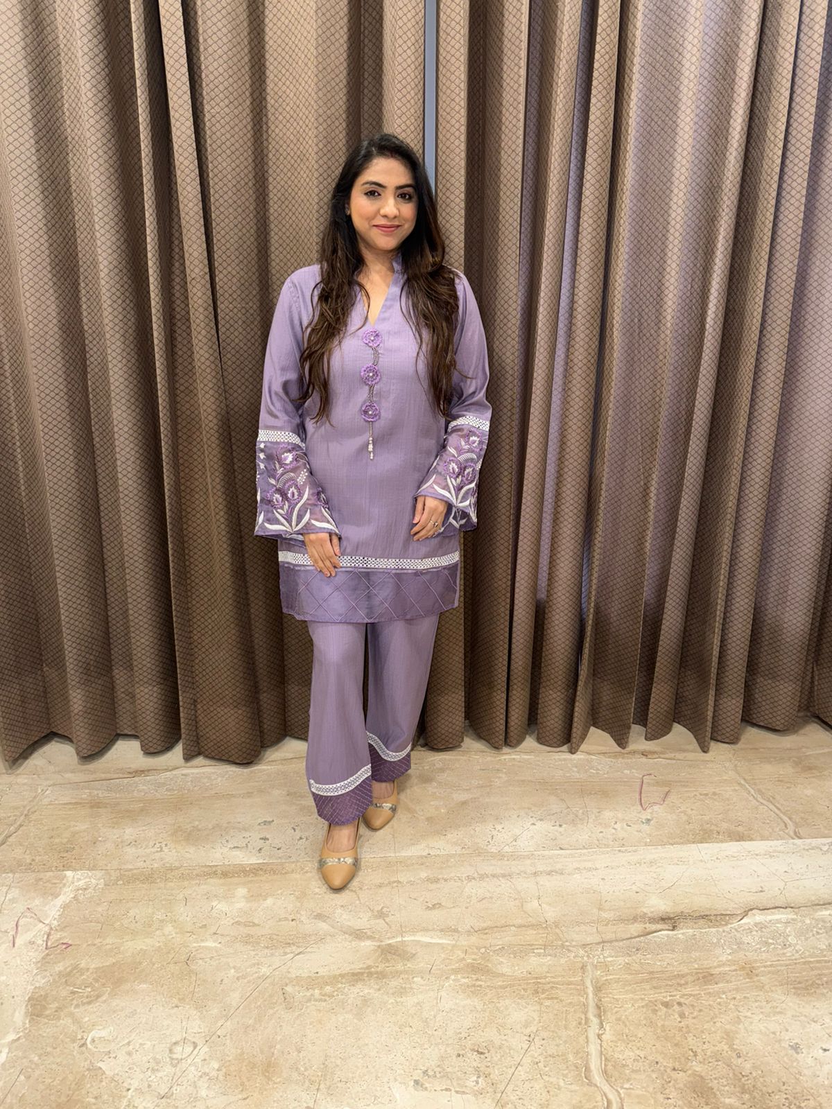 Lilac Co-Ord Set with Floral Sleeve Detailing