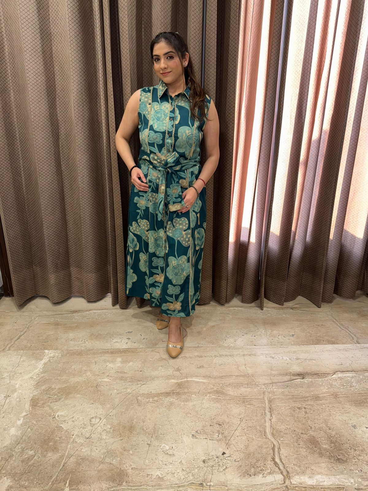 Teal Green Sleeveless Belted Midi Dress