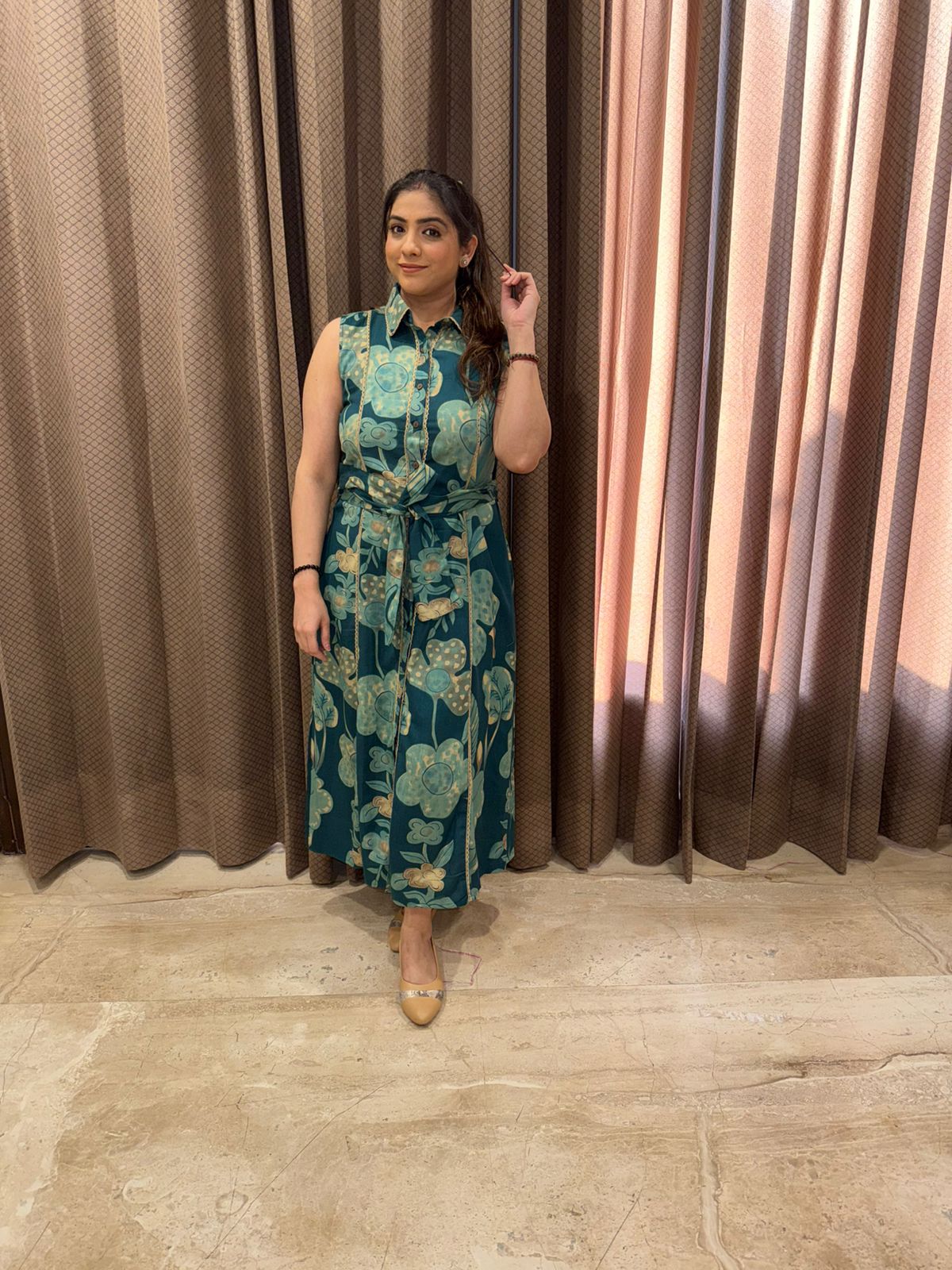 Teal Green Sleeveless Belted Midi Dress