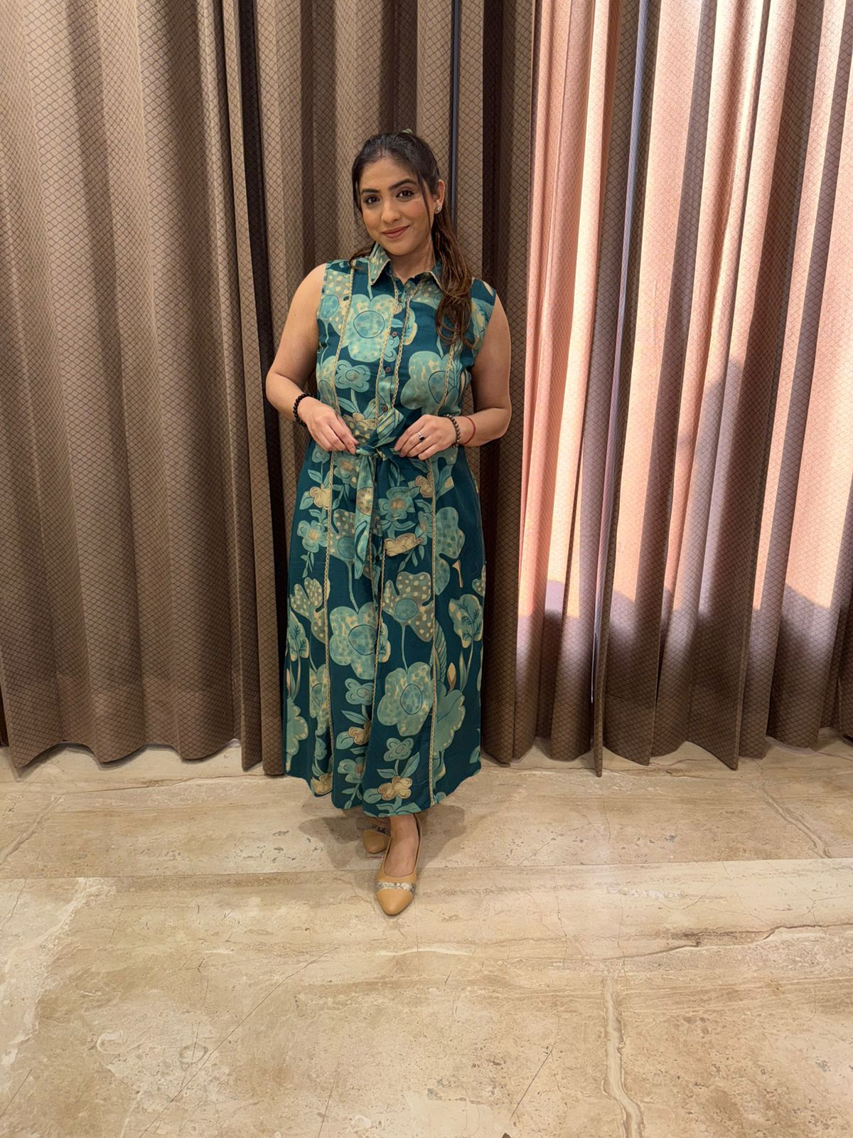 Teal Green Sleeveless Belted Midi Dress