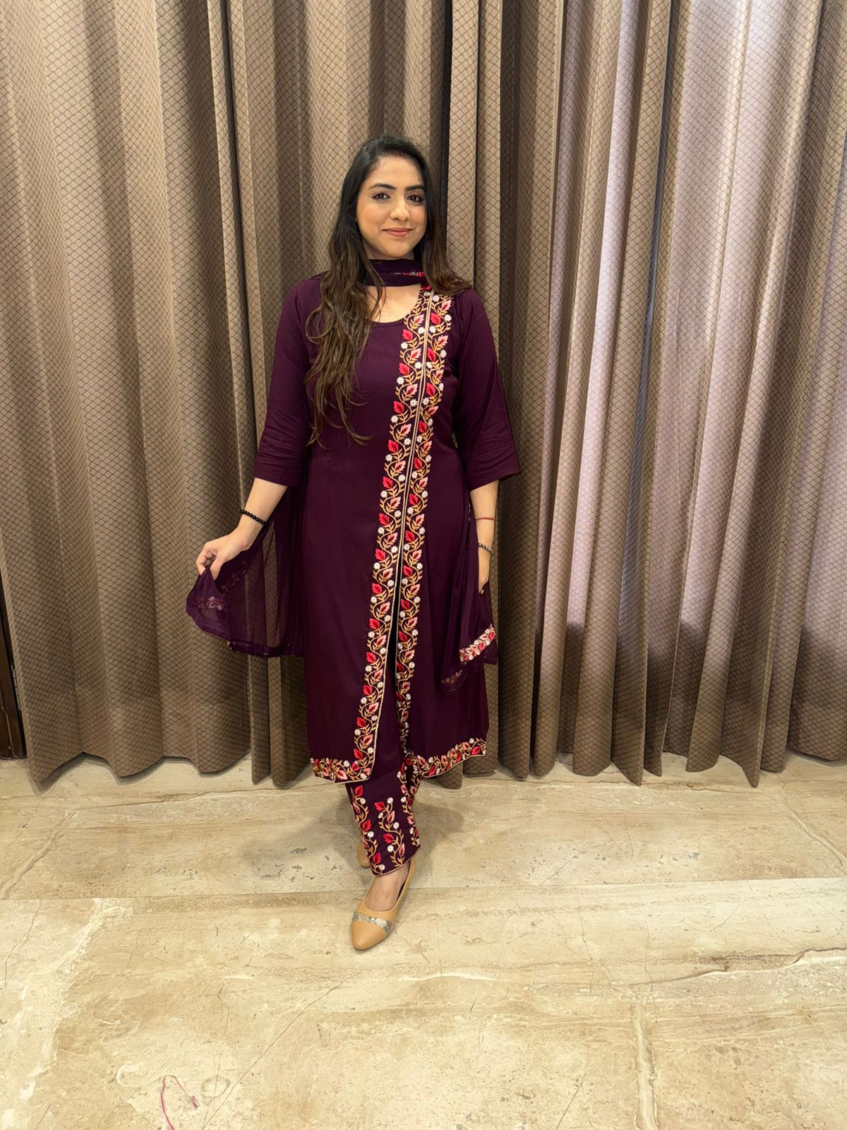 Wine Thread Embroidered Kurta Pant Set with Dupatta