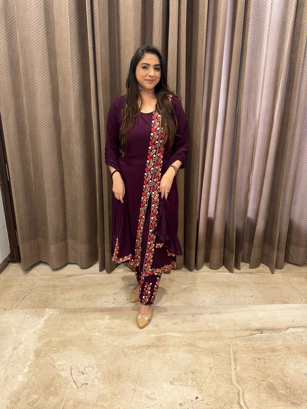 Wine Thread Embroidered Kurta Pant Set with Dupatta