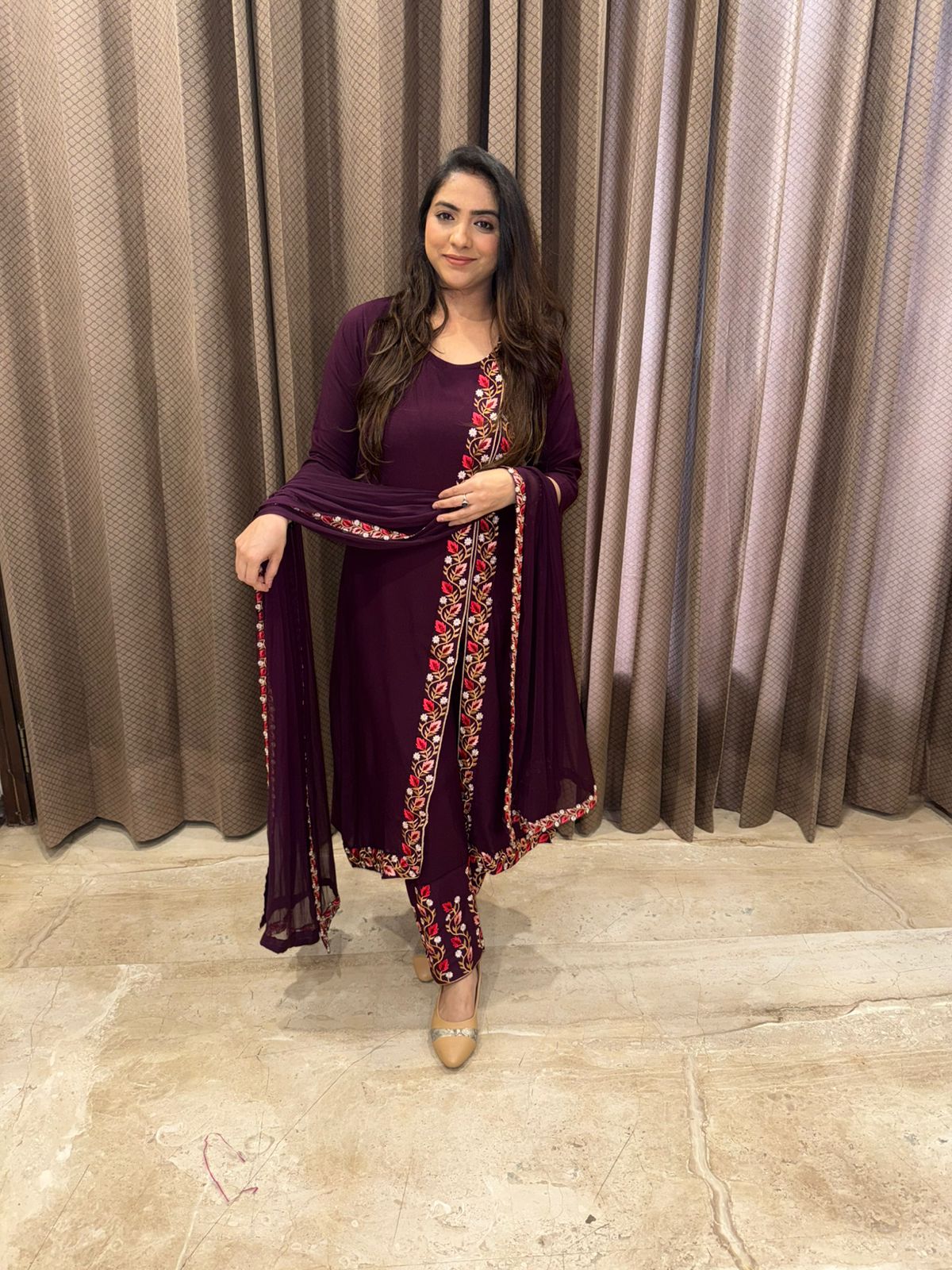 Wine Thread Embroidered Kurta Pant Set with Dupatta