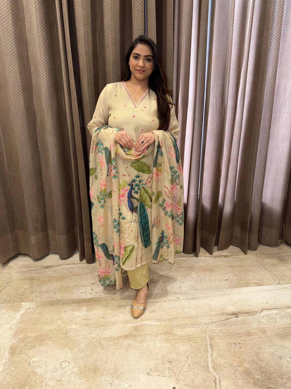 Beige Floral Peacock Print Kurta Set with Dupatta
