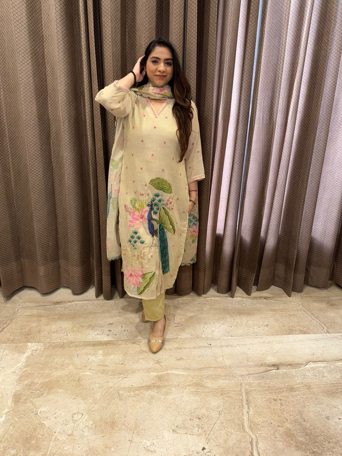 Beige Floral Peacock Print Kurta Set with Dupatta