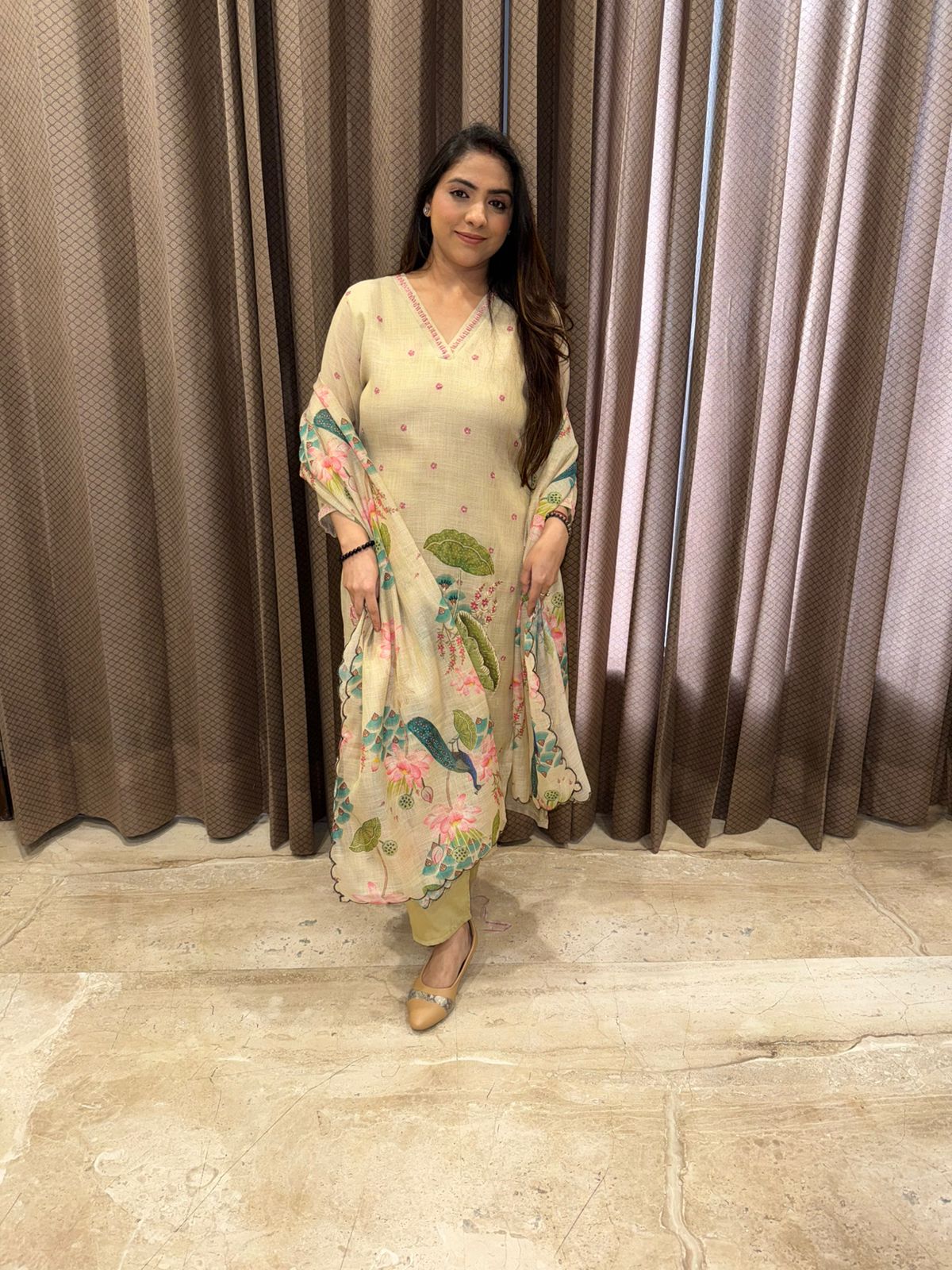 Beige Floral Peacock Print Kurta Set with Dupatta