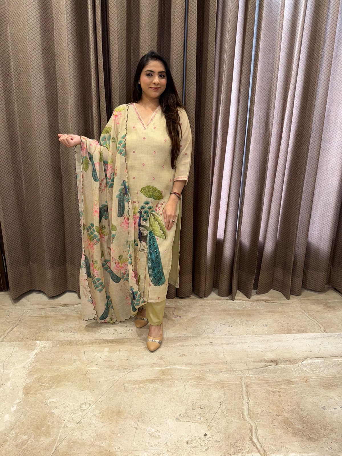 Beige Floral Peacock Print Kurta Set with Dupatta