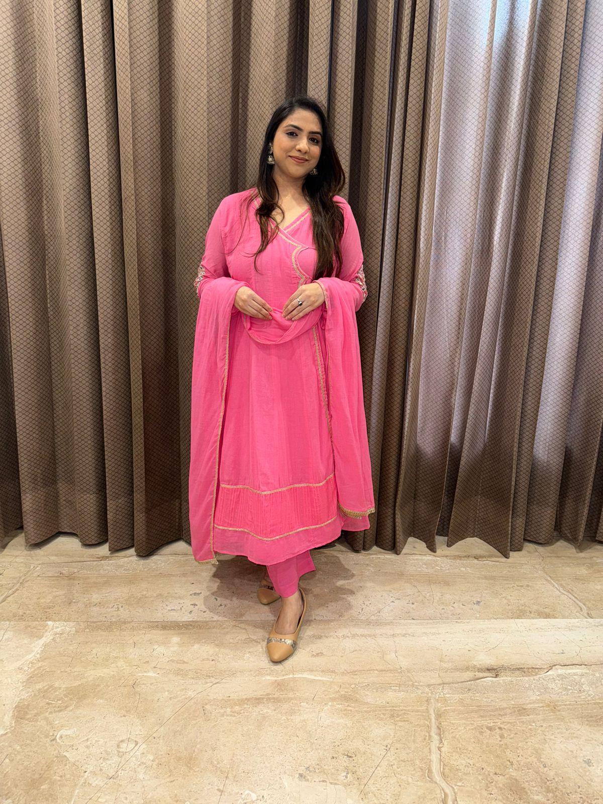 Rose Pink Angrakha Kurta set with Dupatta