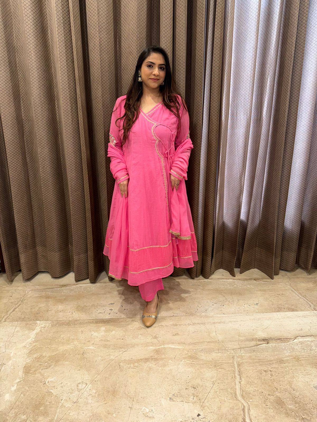 Rose Pink Angrakha Kurta set with Dupatta