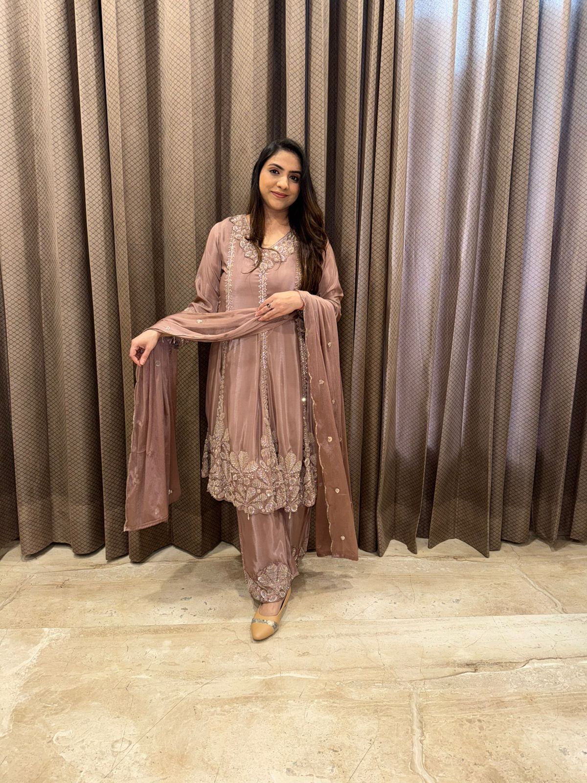 Rose Gold Designer A line kurta Palazzo Set
