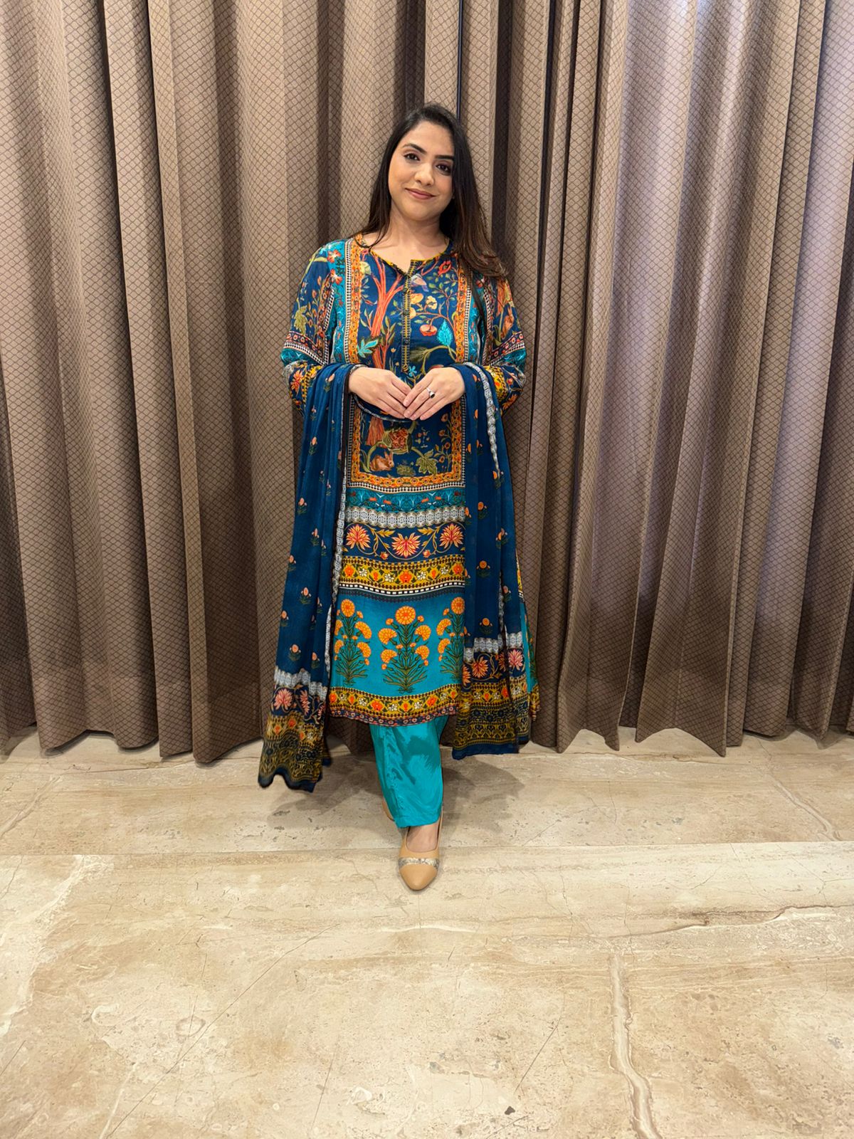 Blue Multicolor Digital Printed Kurta Set with Dupatta