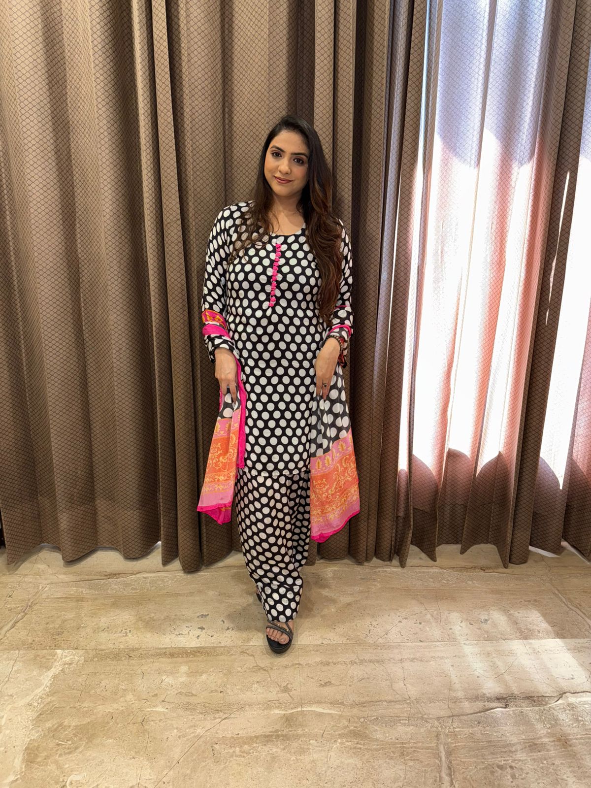 Black & White Polka Dot Farshi Set with Dupatta