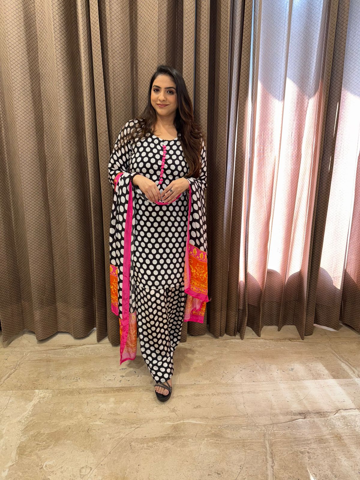 Black & White Polka Dot Farshi Set with Dupatta