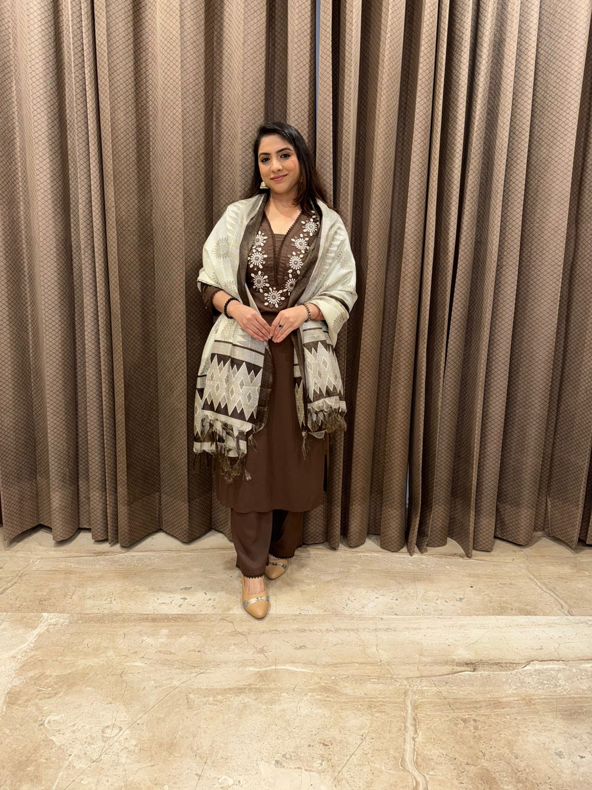 Brown Handwork Kurta Set with Dupatta