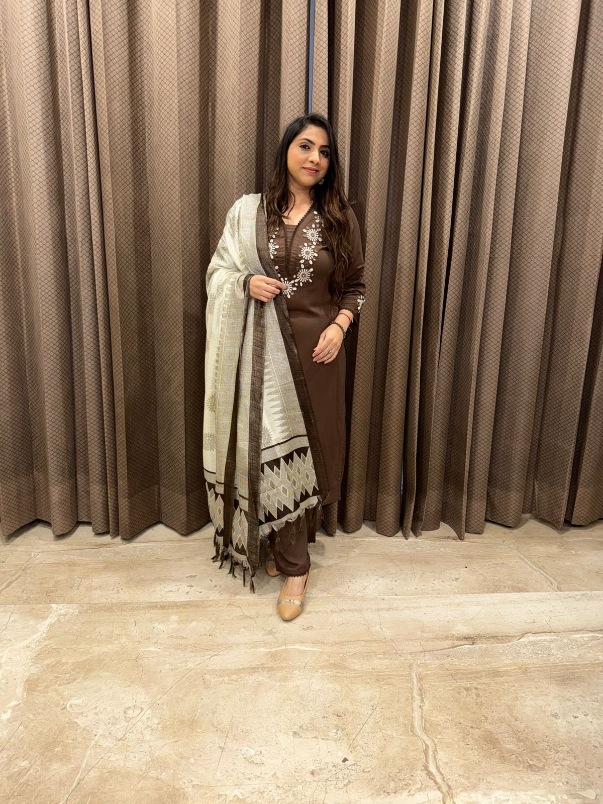 Brown Handwork Kurta Set with Dupatta