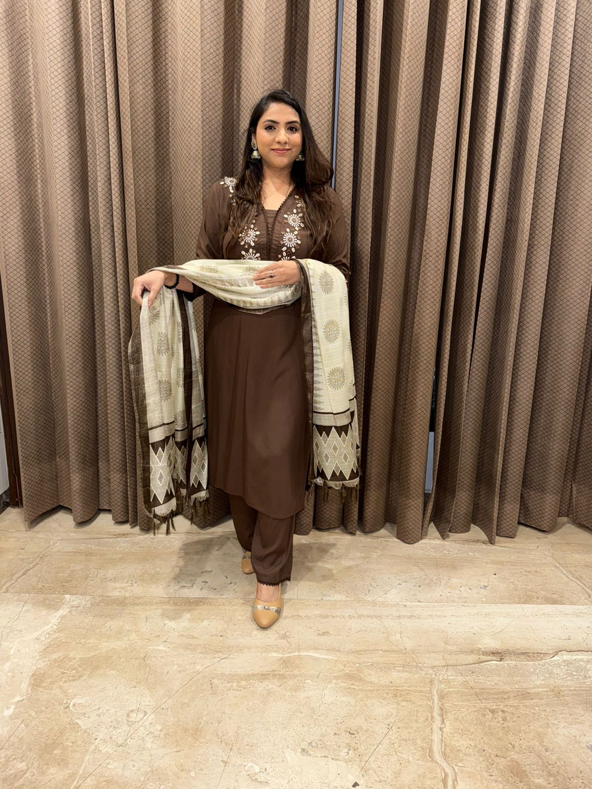 Brown Handwork Kurta Set with Dupatta