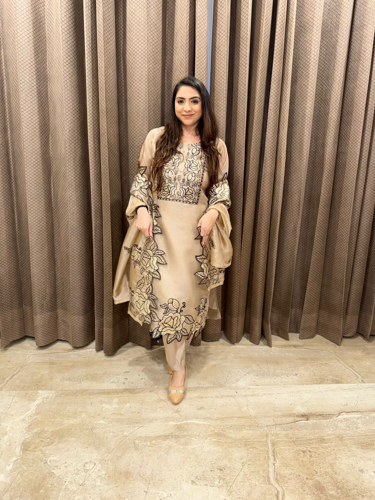 Champagne Beige Floral Applique work Kurta Set with Dupatta