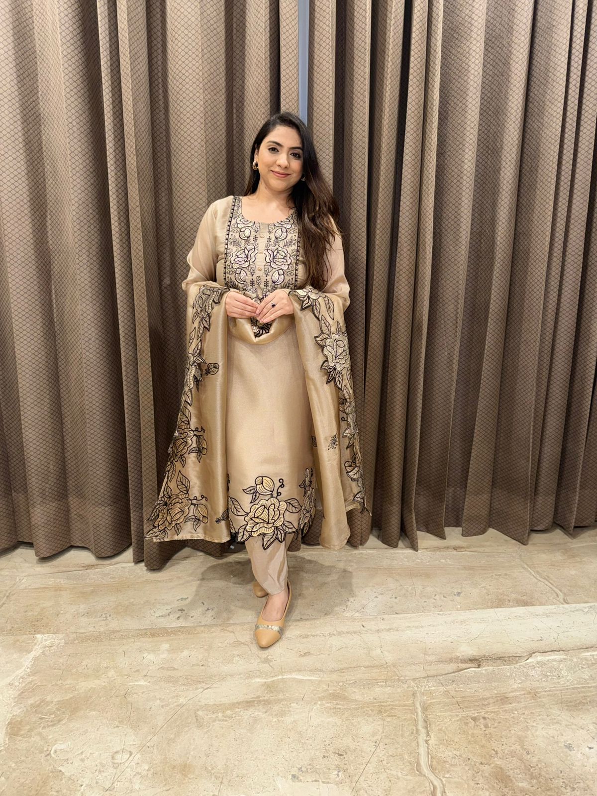 Champagne Beige Floral Applique work Kurta Set with Dupatta