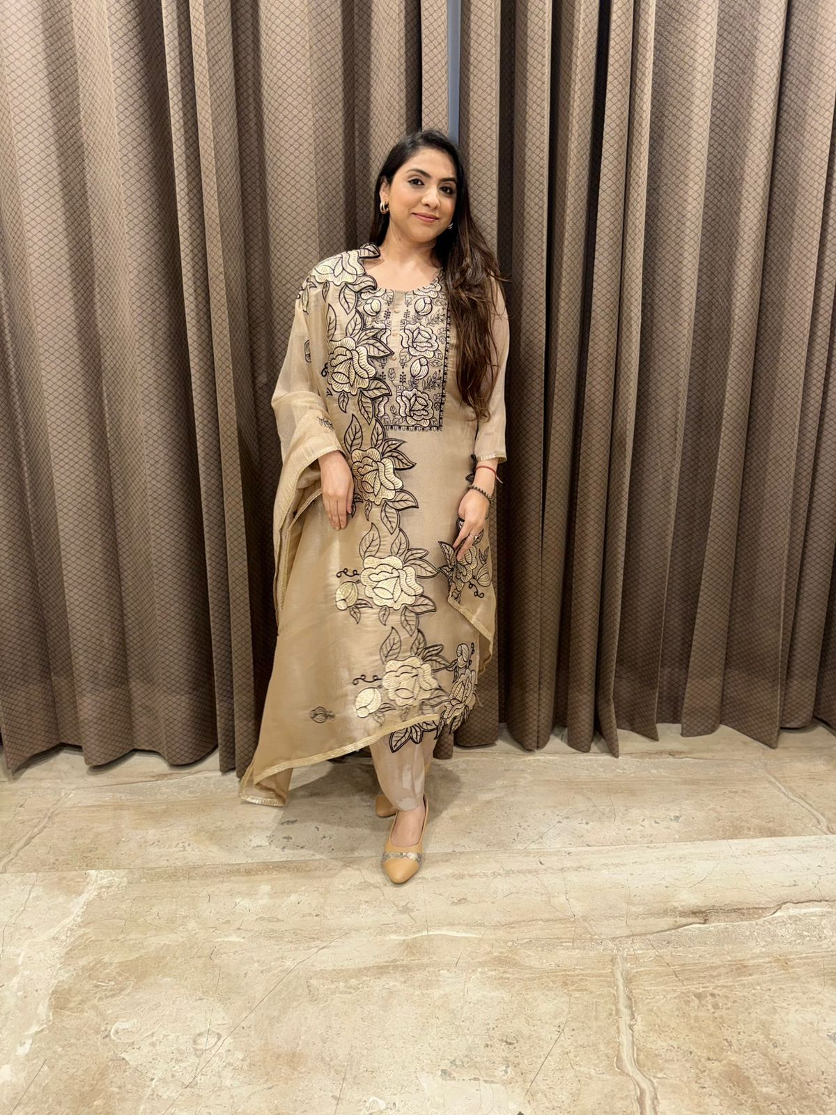 Champagne Beige Floral Applique work Kurta Set with Dupatta