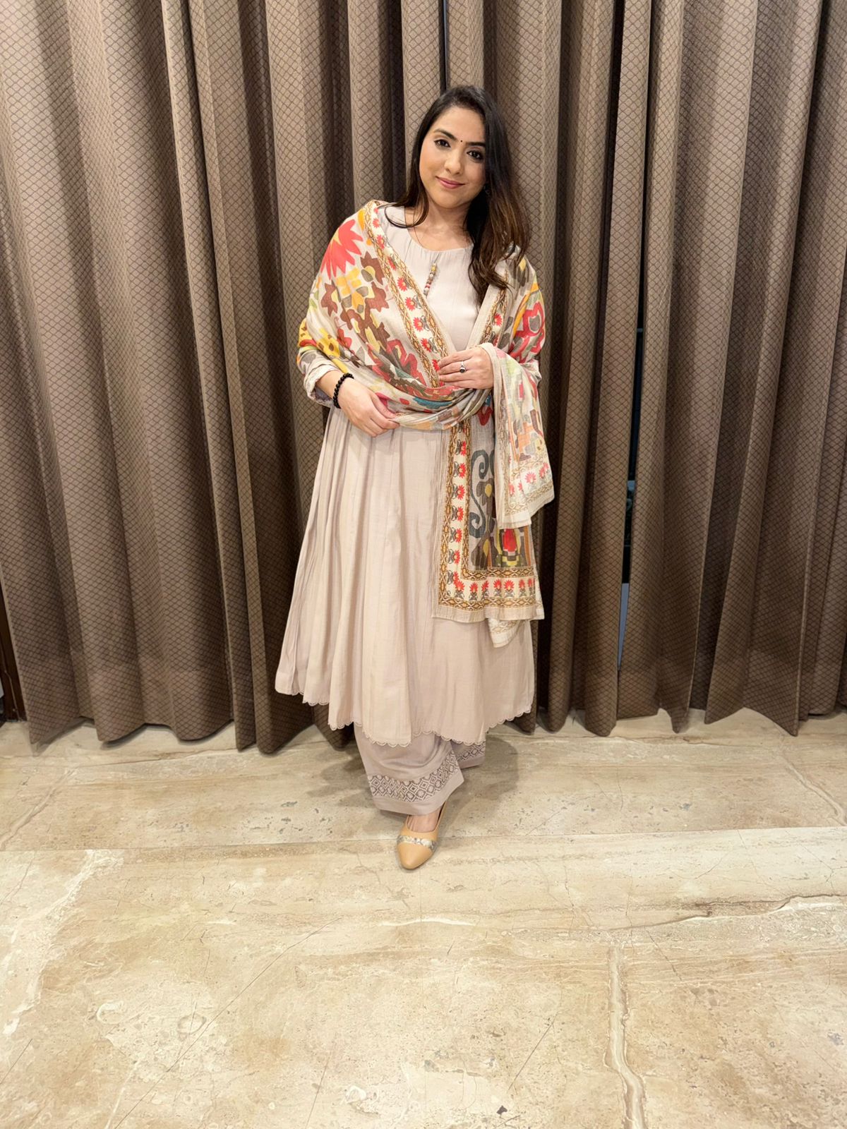 Ivory Anarkali set with vibrant Kashmiri print dupatta