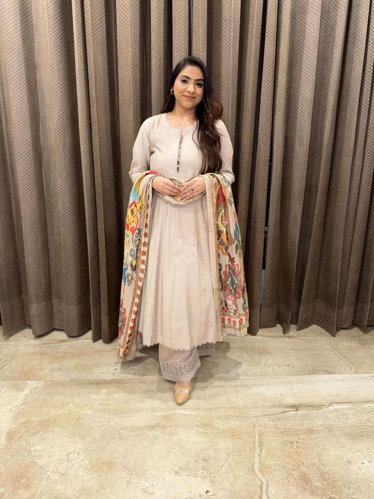 Ivory Anarkali set with vibrant Kashmiri print dupatta