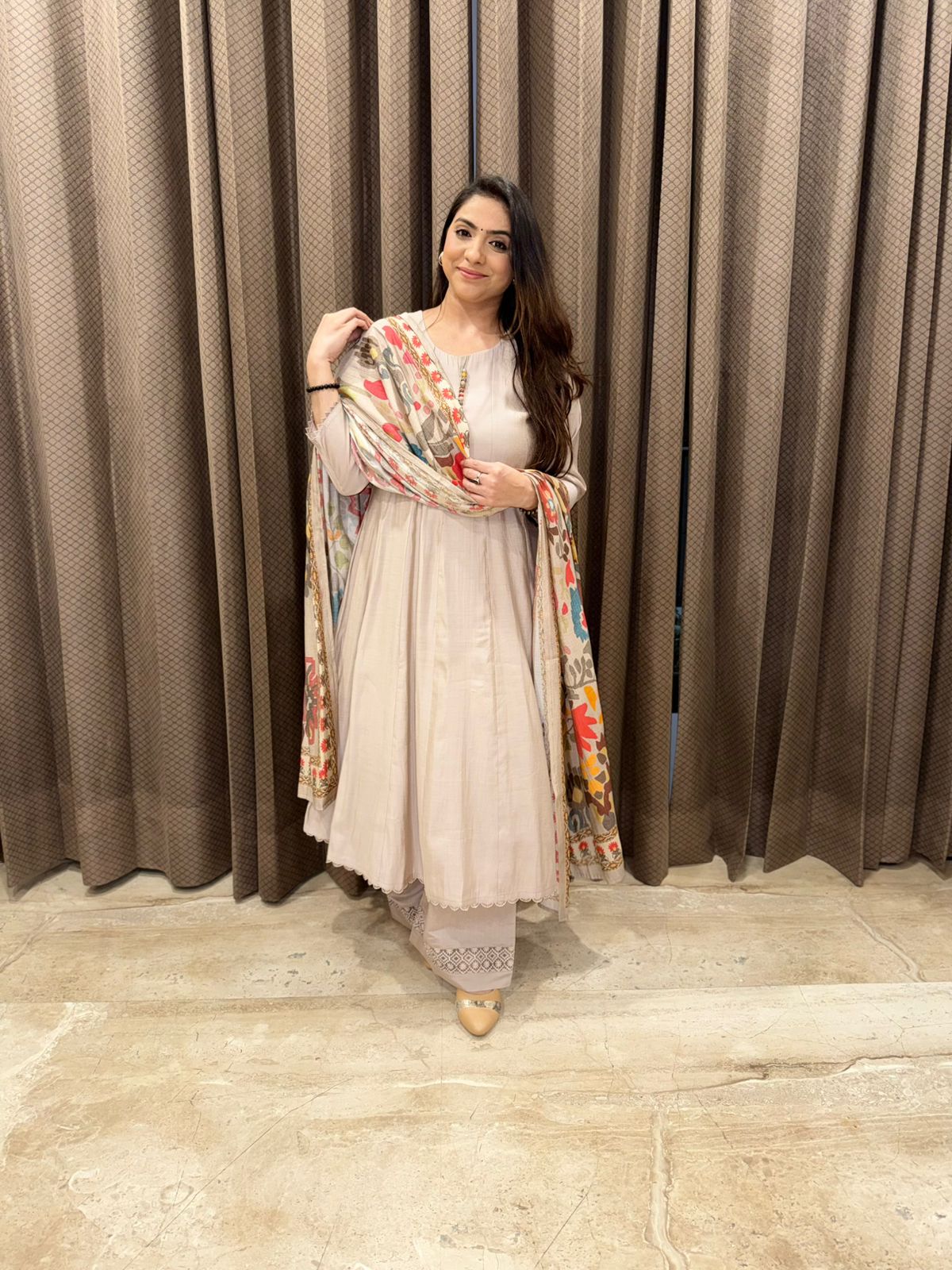 Ivory Anarkali set with vibrant Kashmiri print dupatta