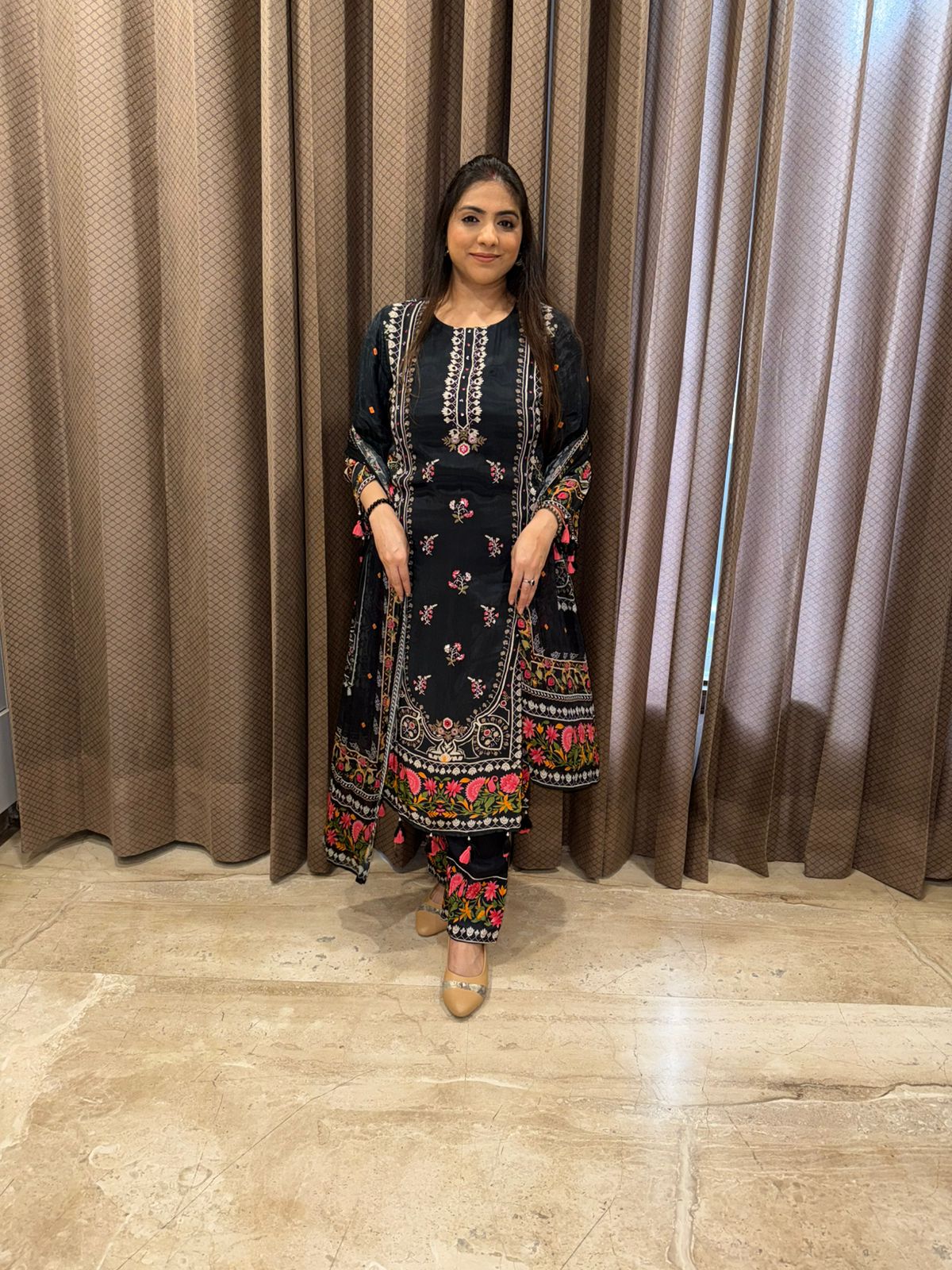 Midnight Black Floral Embroidered Kurta Set with Dupatta
