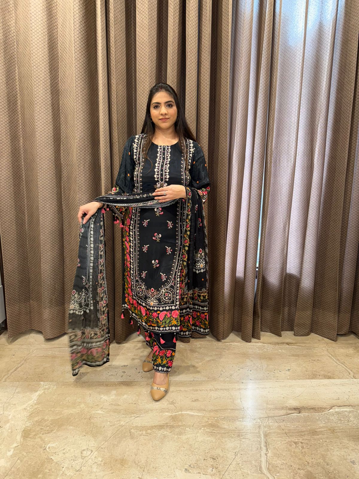 Midnight Black Floral Embroidered Kurta Set with Dupatta