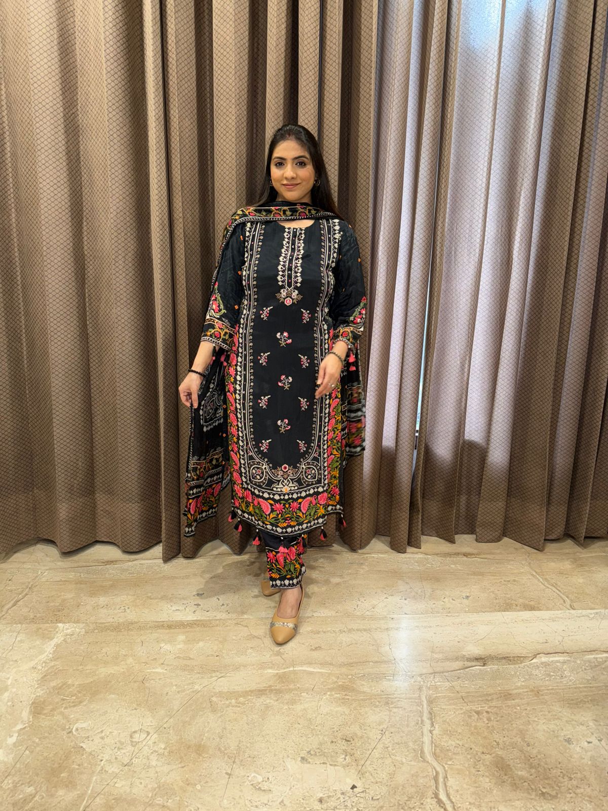 Midnight Black Floral Embroidered Kurta Set with Dupatta