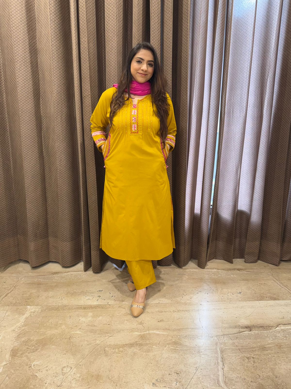 Mustard Yellow Straight Kurta Set with Pink Dupatta