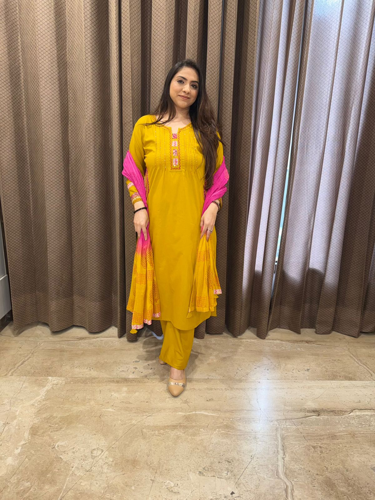 Mustard Yellow Straight Kurta Set with Pink Dupatta