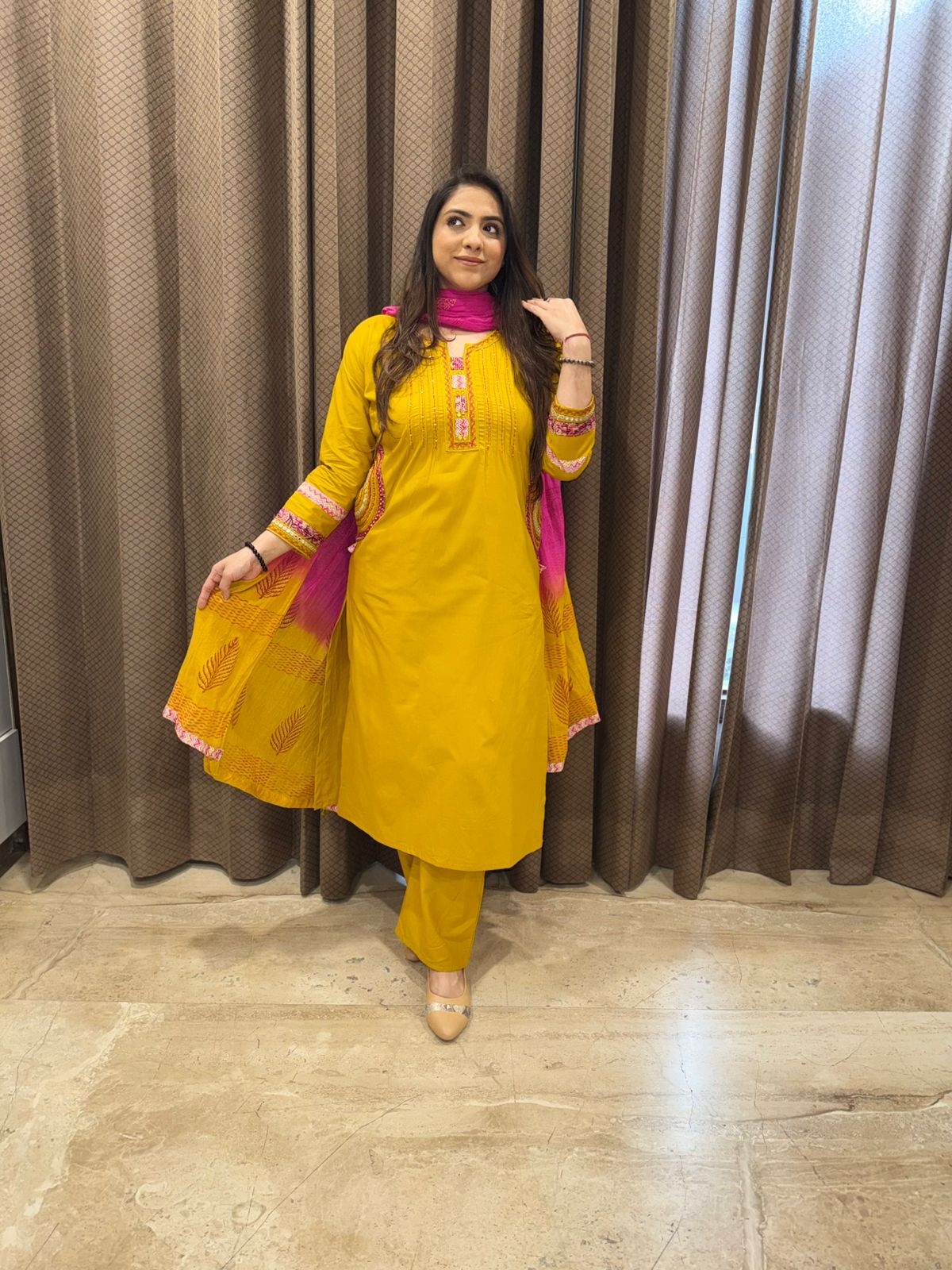 Mustard Yellow Straight Kurta Set with Pink Dupatta