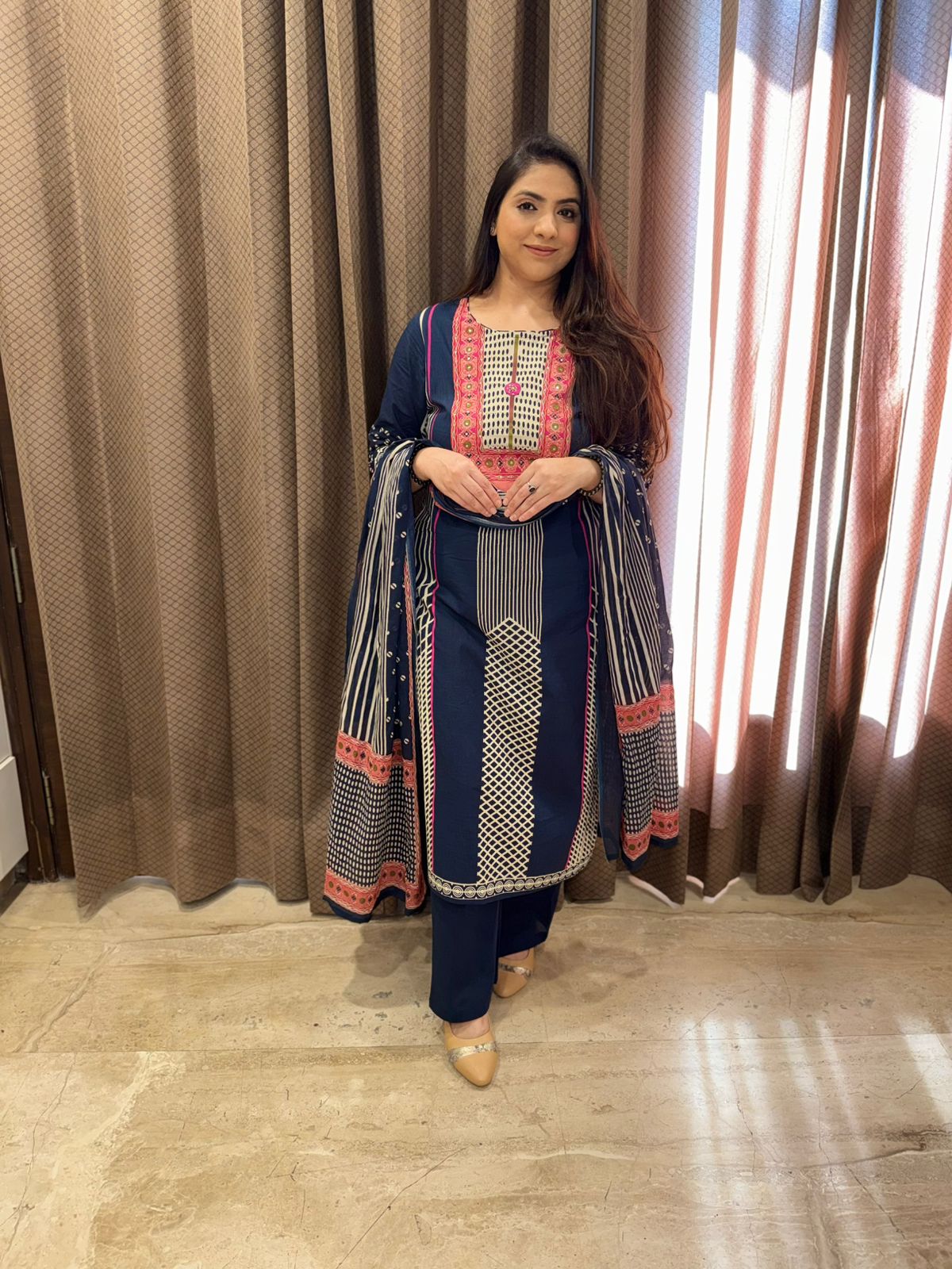 Navy Blue Printed Kurta Set with Striped Dupatta