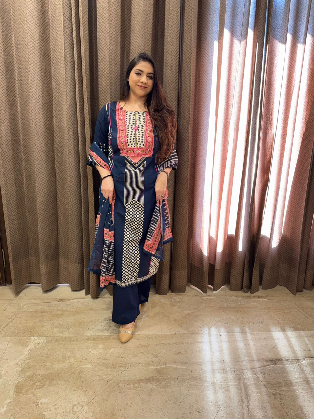 Navy Blue Printed Kurta Set with Striped Dupatta