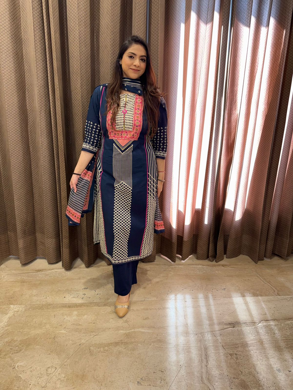 Navy Blue Printed Kurta Set with Striped Dupatta