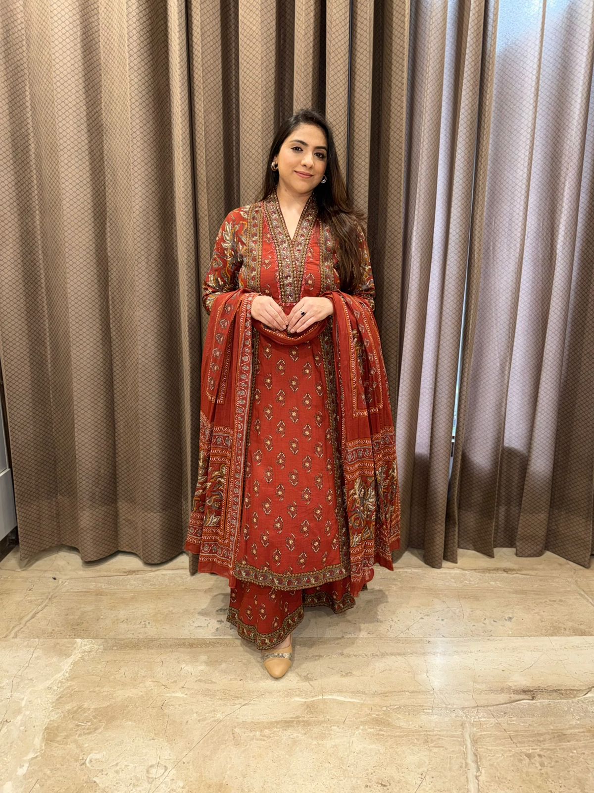 Brown A-Line kurta & Divider Set with Dupatta