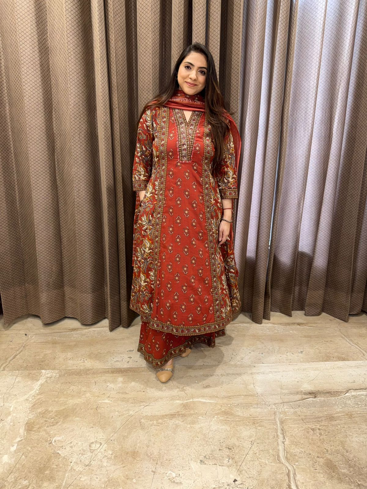 Brown A-Line kurta & Divider Set with Dupatta