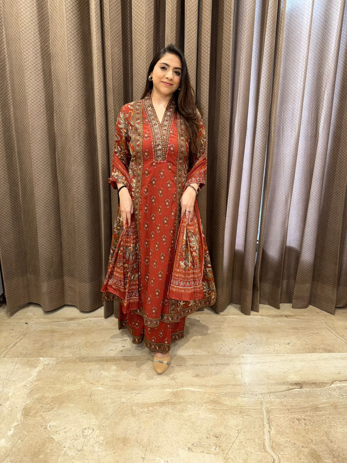 Brown A-Line kurta & Divider Set with Dupatta