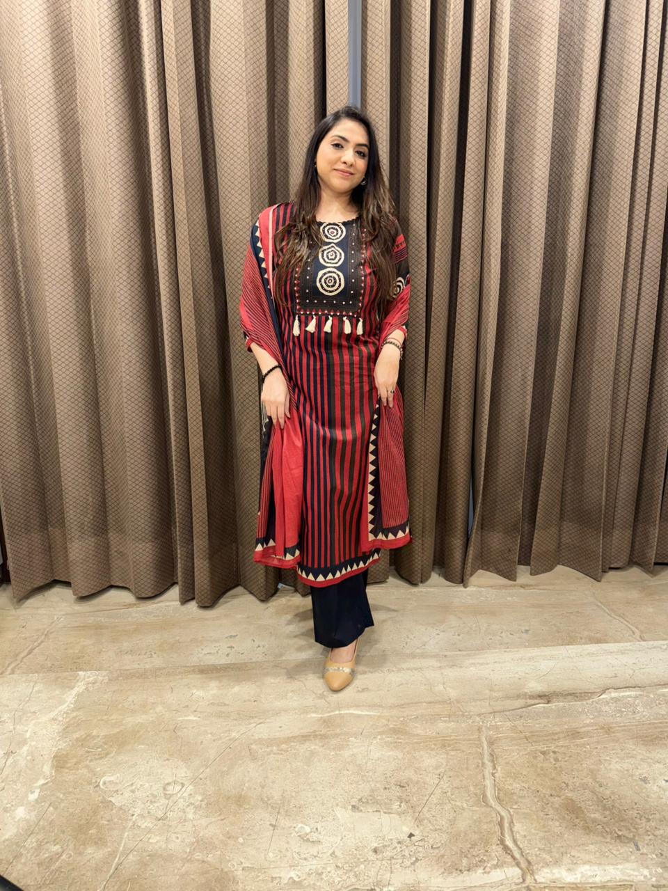 Black & Red Striped Printed Kurta Set with Dupatta
