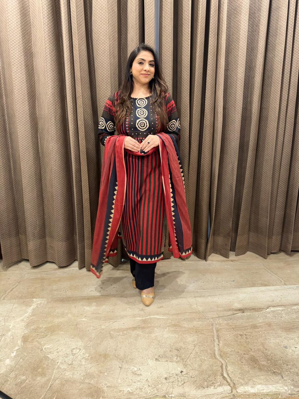 Black & Red Striped Printed Kurta Set with Dupatta