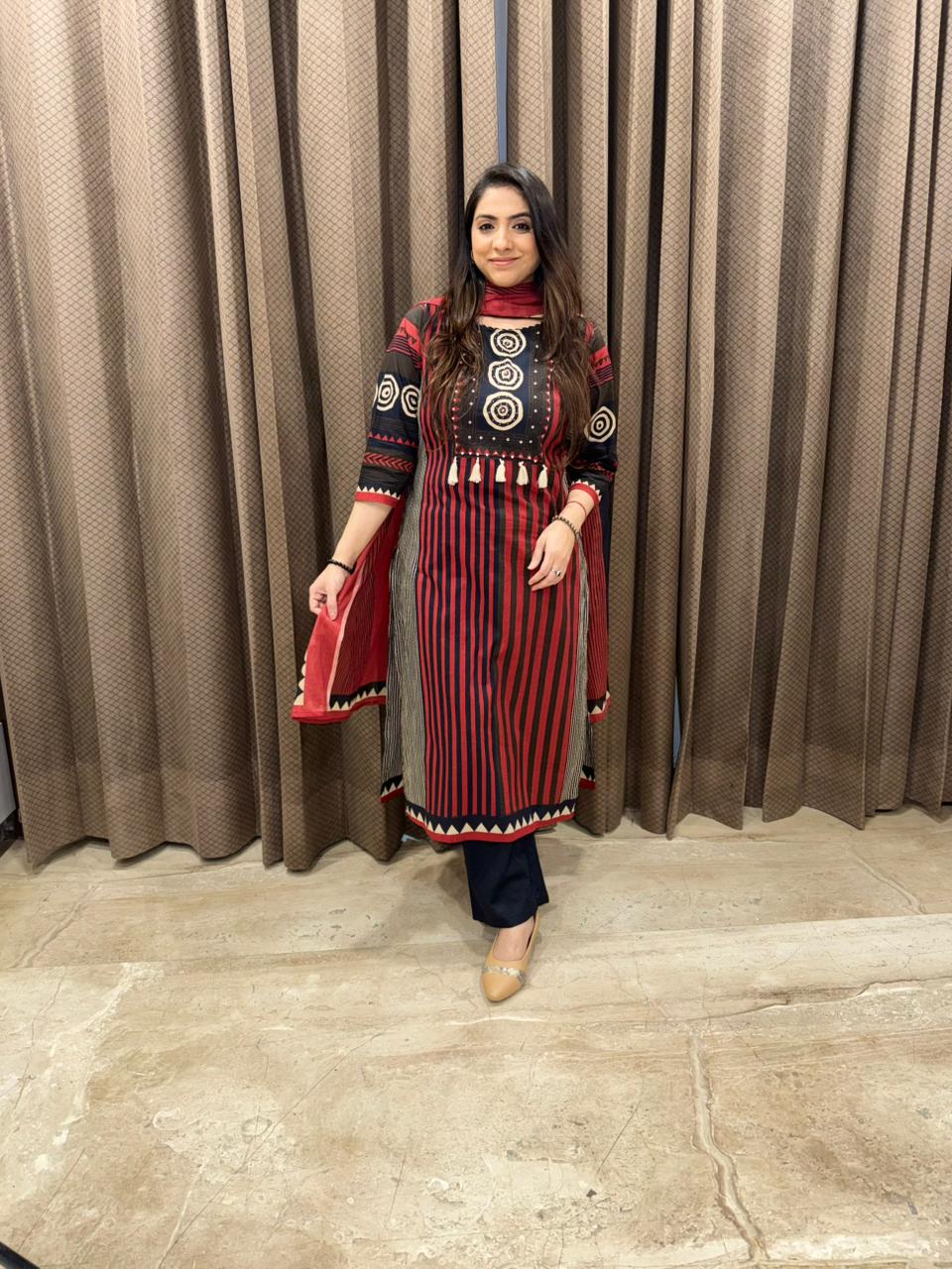 Black & Red Striped Printed Kurta Set with Dupatta