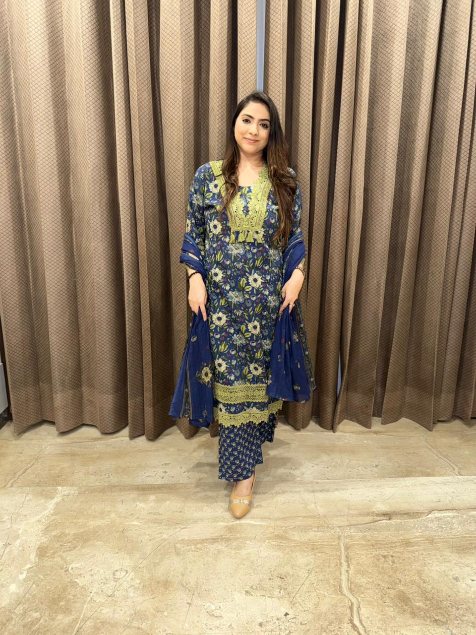 Indigo Blue Floral Printed Kurta Set with Dupatta