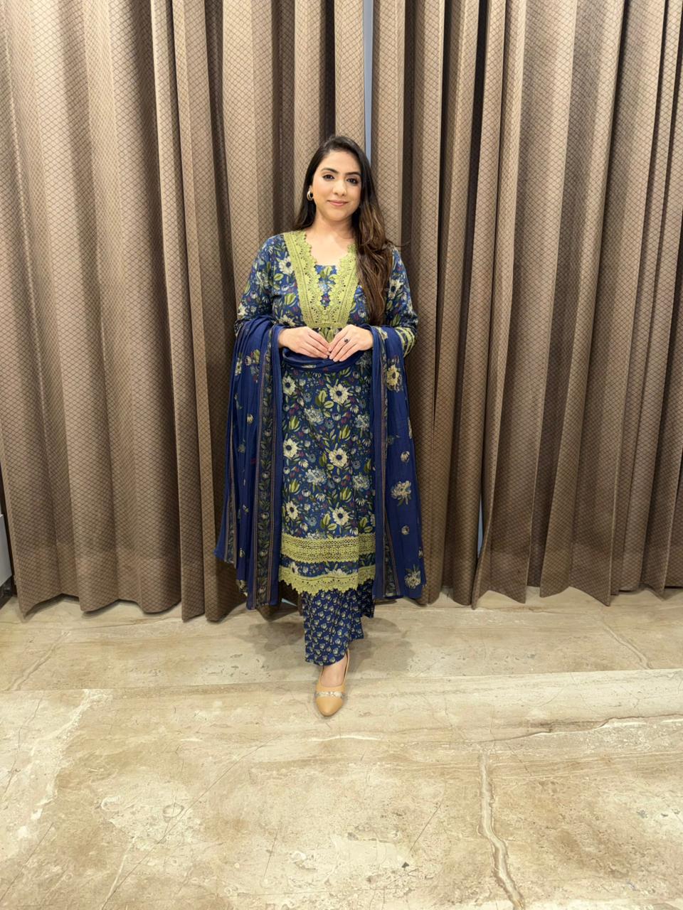 Indigo Blue Floral Printed Kurta Set with Dupatta