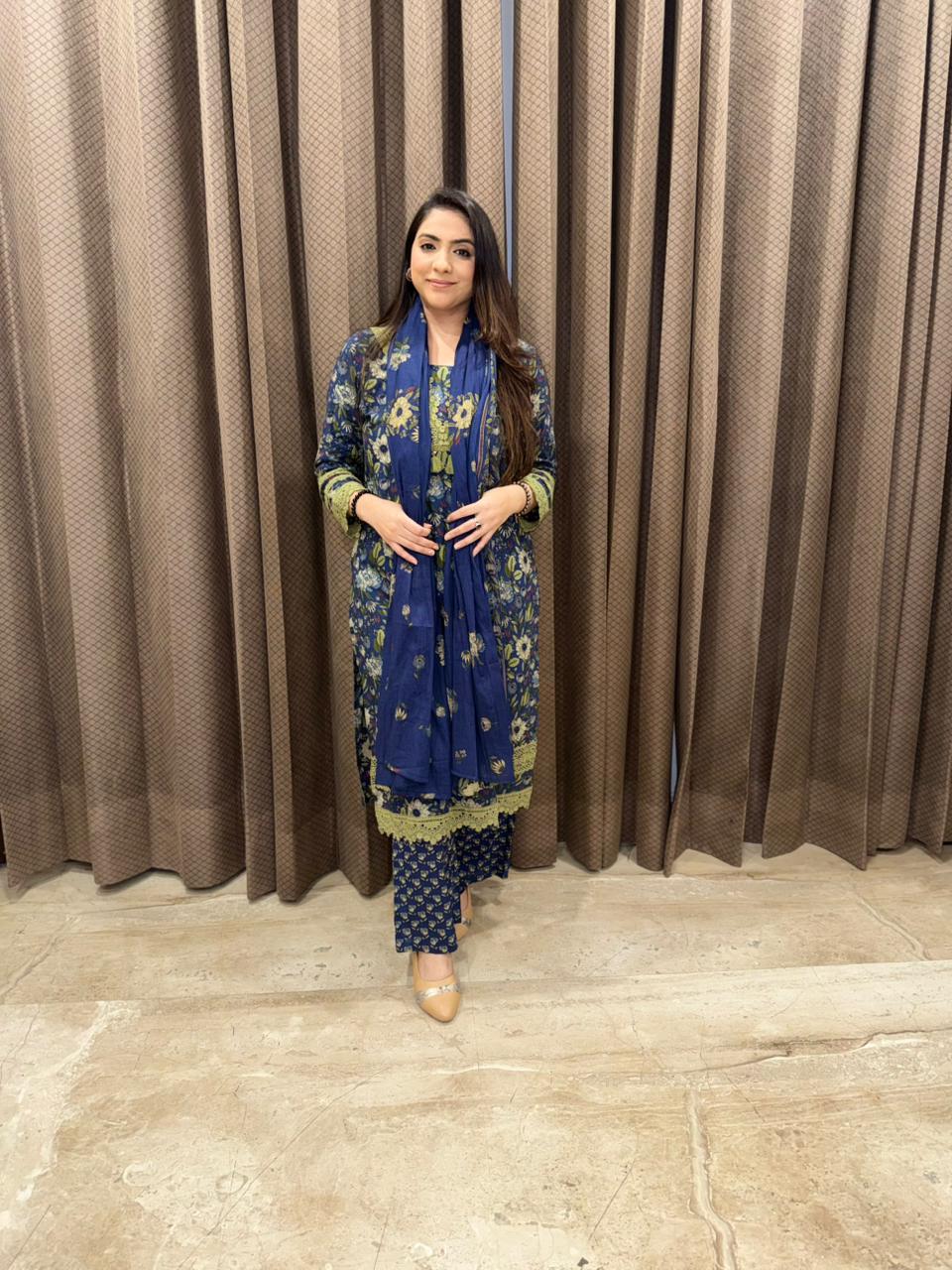 Indigo Blue Floral Printed Kurta Set with Dupatta