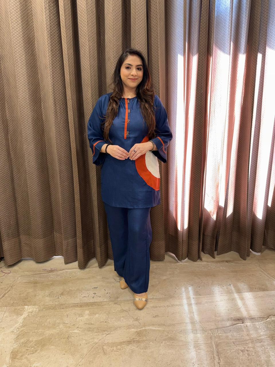 Blue Co-Ord Set with Orange Accent Detail