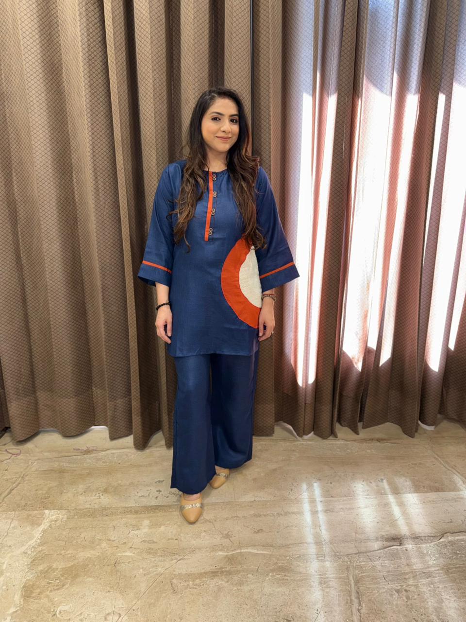 Blue Co-Ord Set with Orange Accent Detail